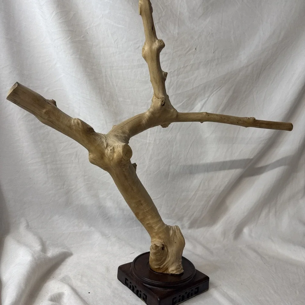 Vintage Natural Wood Tabletop Bird Perch Stand Asian Style Carved Base Display